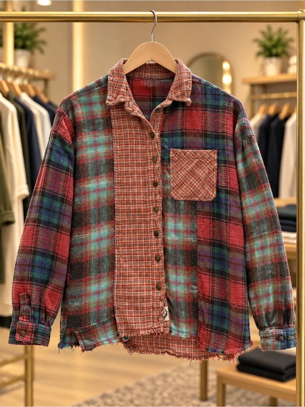 BDG Women's Patchwork Plaid Button-Down Shirt Jacket in Red and Green